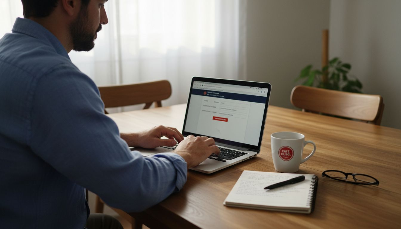 Un hombre hace una reserva por internet desde su portátil.