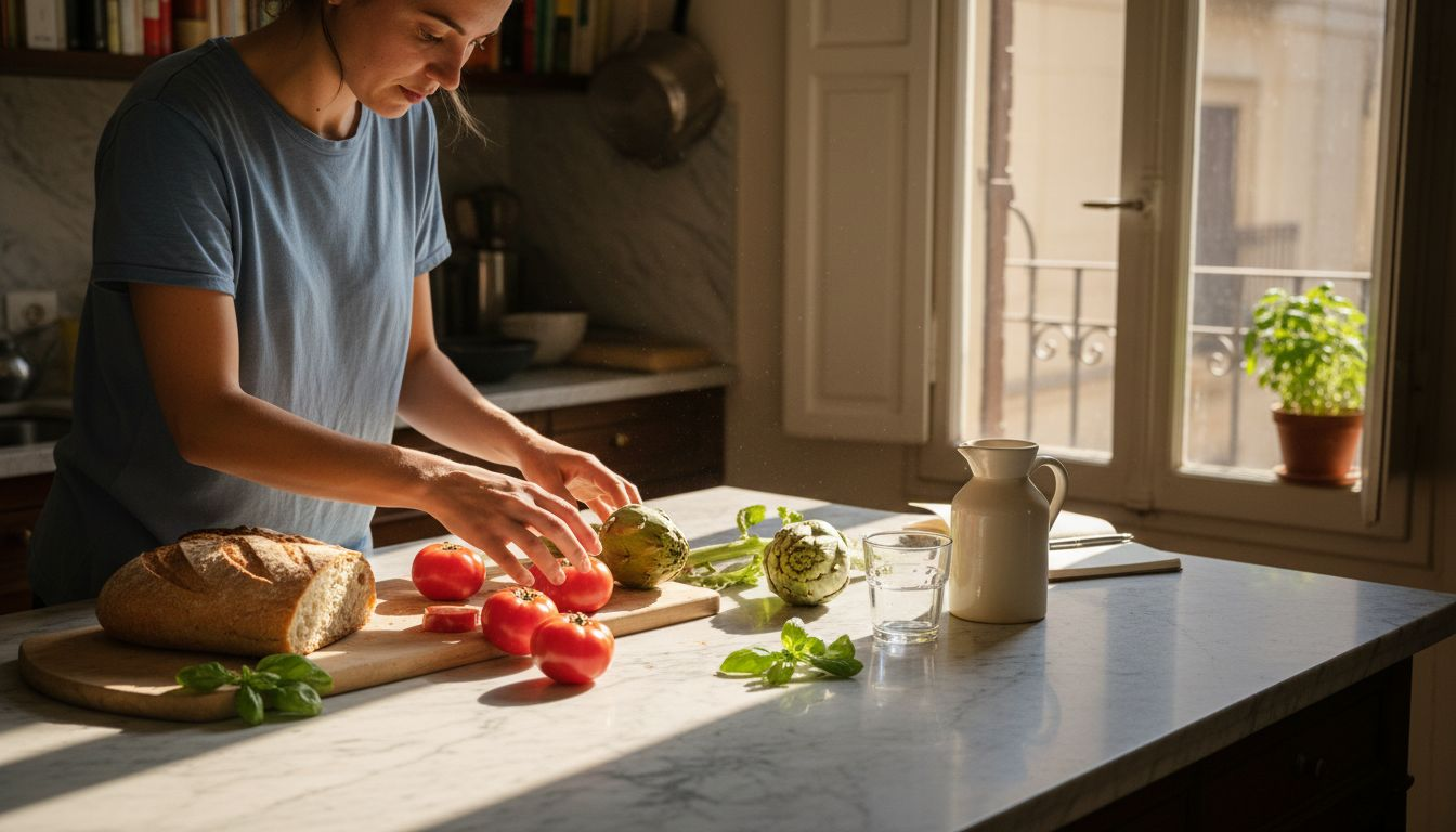 Una mujer observa con atención los ingredientes frescos típicos de la cocina mediterránea.