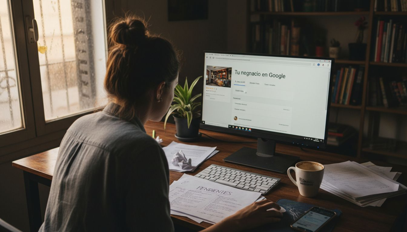 Mujer gestionando la información de su negocio en Google Maps