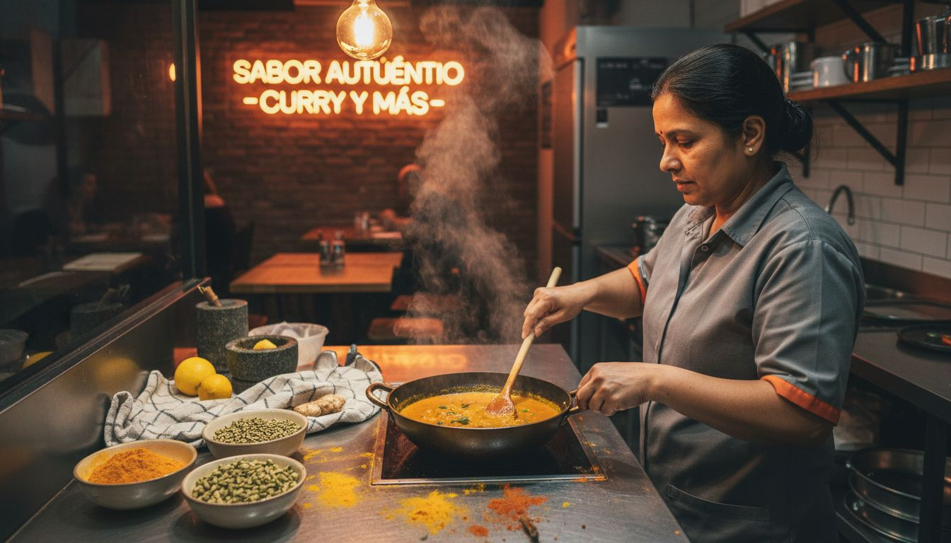 Una chef prepara un delicioso curry, mezclando especias que llenan la cocina de aromas irresistibles.