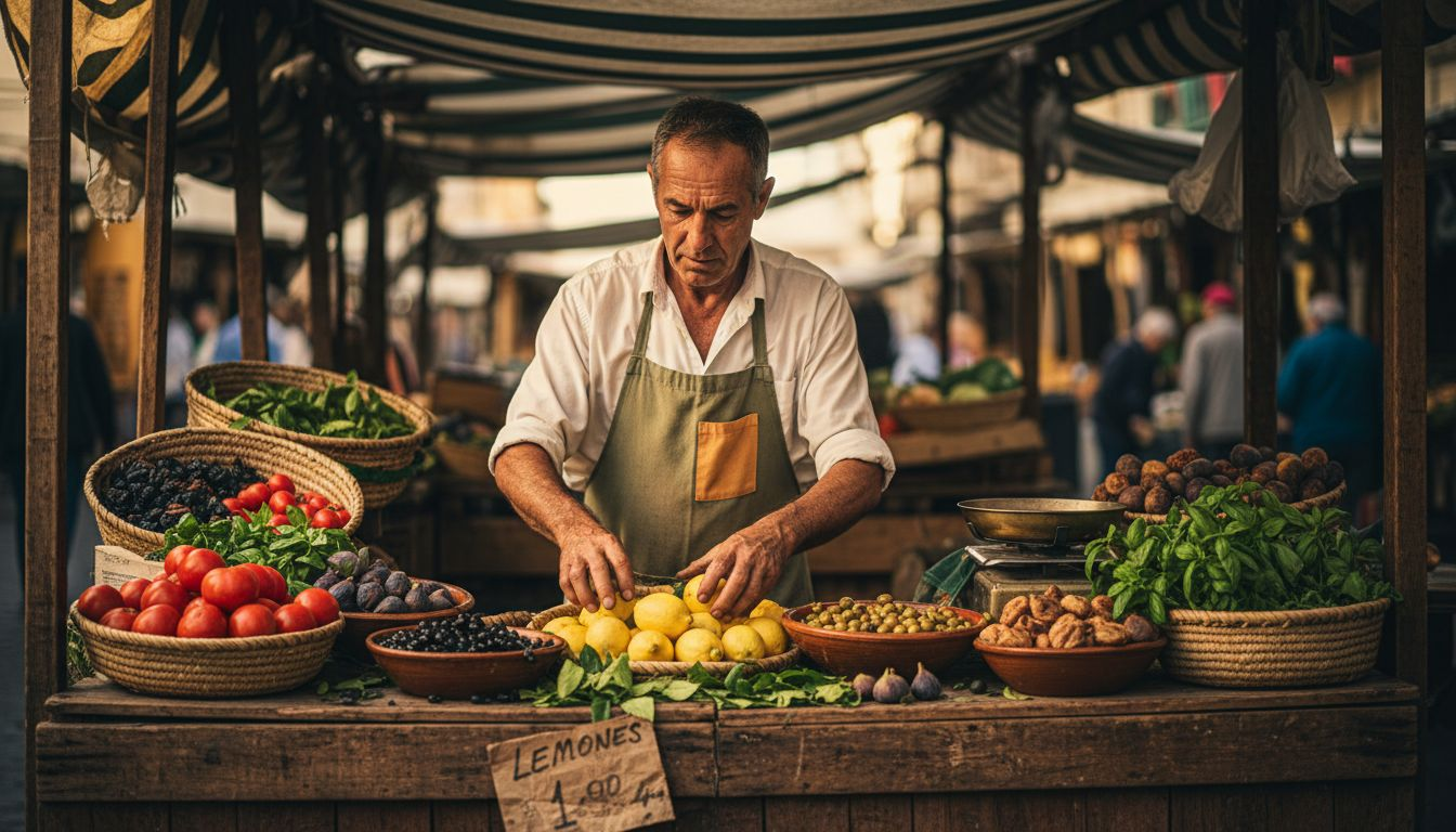 Productos típicos del Mediterráneo en un puesto de mercado local