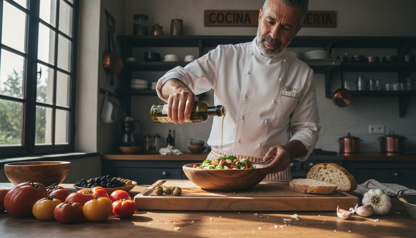 Un chef elabora una ensalada mediterránea a la vista de todos en una cocina abierta.