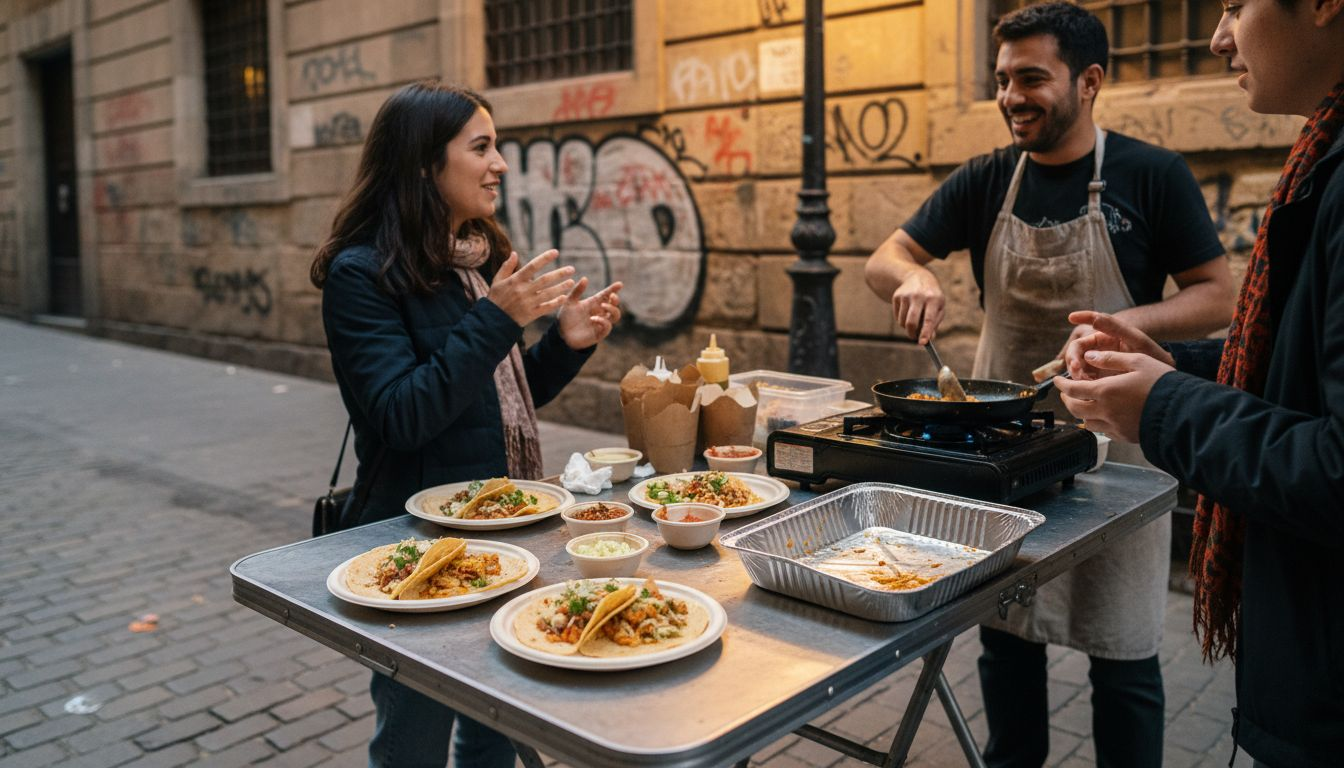 Ambiente animado de clientes charlando y disfrutando de unos tacos en un puesto típico de Barcelona.