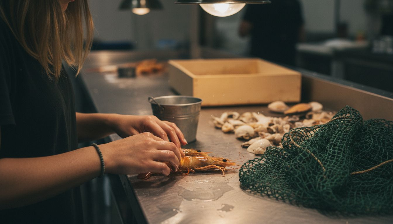 Revisión manual de los langostinos en el mostrador