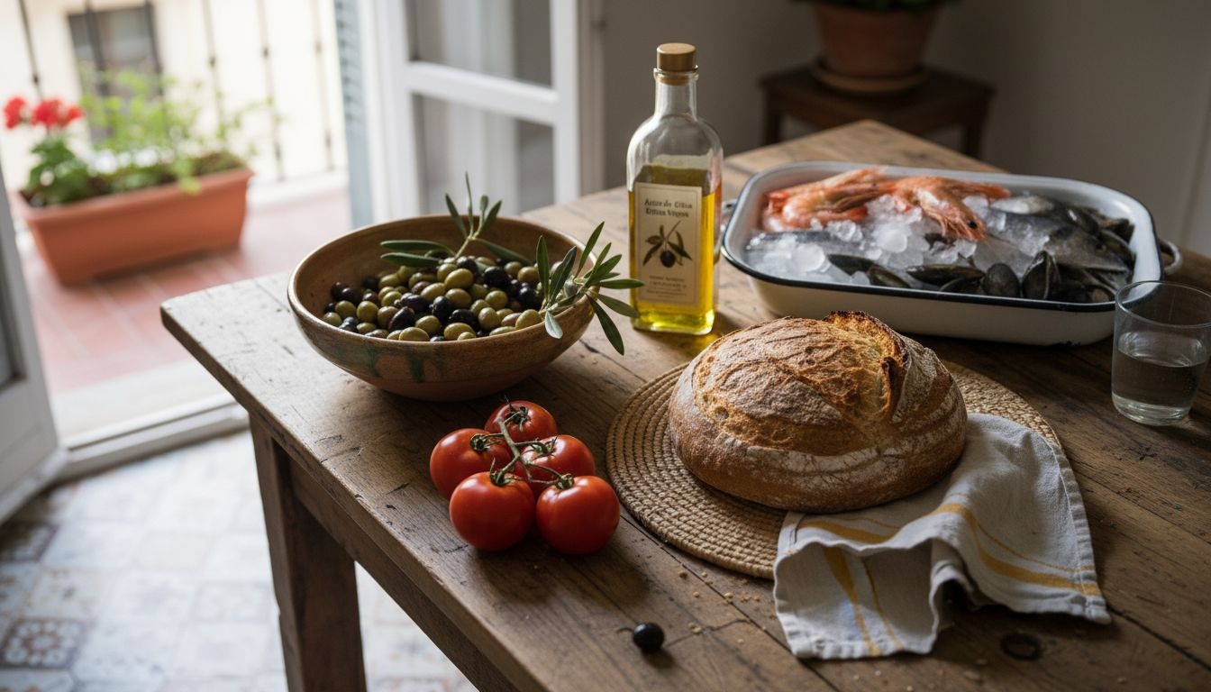 Mesa repleta de ingredientes esenciales del Mediterráneo y mariscos frescos.