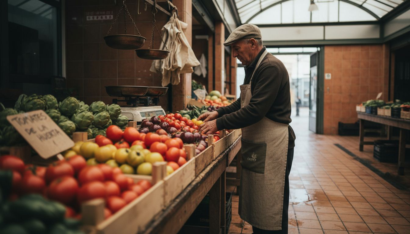 Parada de mercado con hortalizas frescas de la tierra catalana
