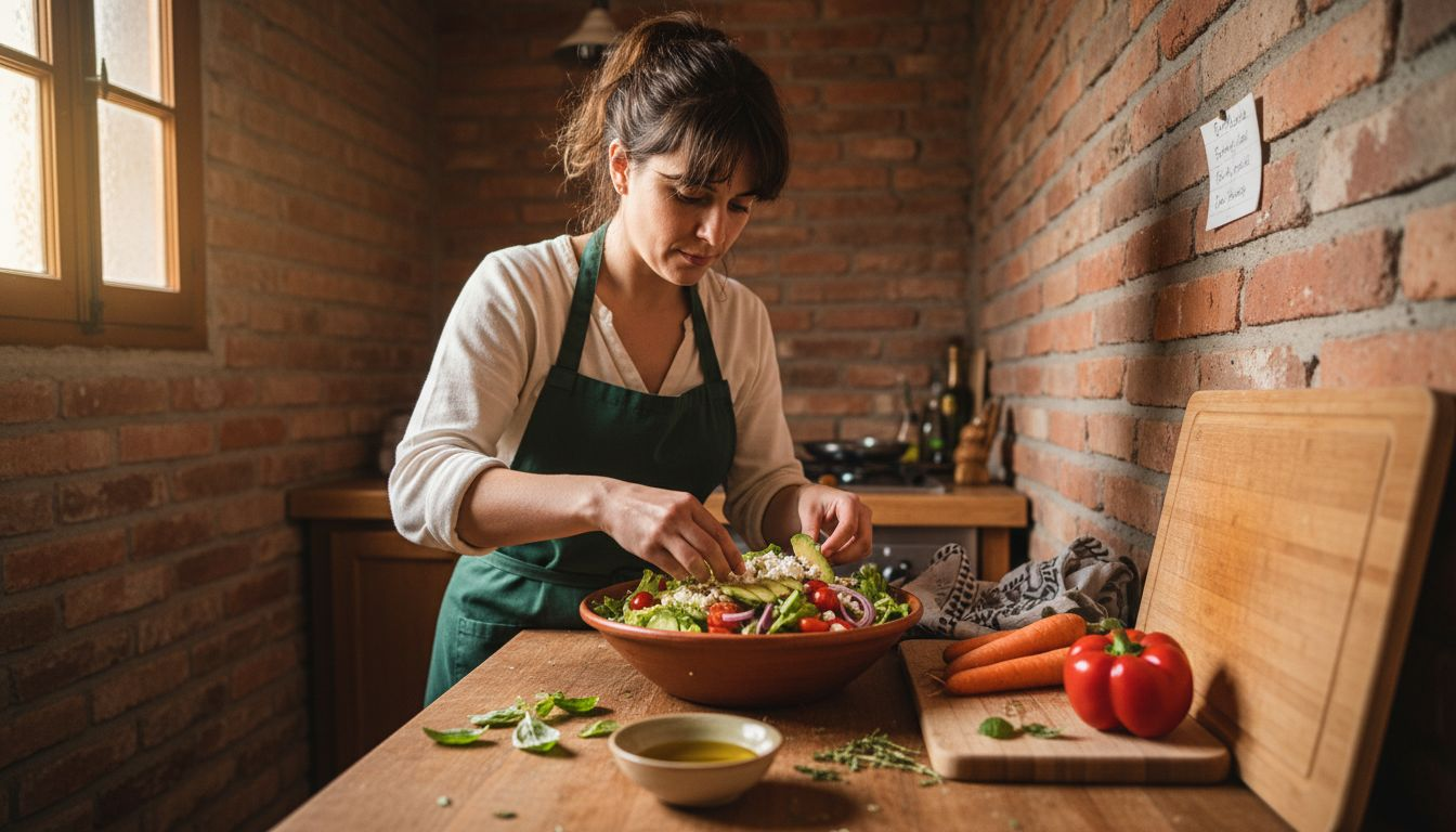 Una mujer está preparando una ensalada con ingredientes frescos, cuidando cada detalle para que quede deliciosa y saludable.