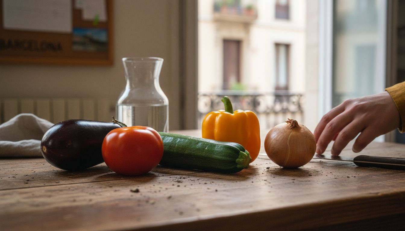 Unas verduras recién cortadas colocadas sobre la encimera de la cocina