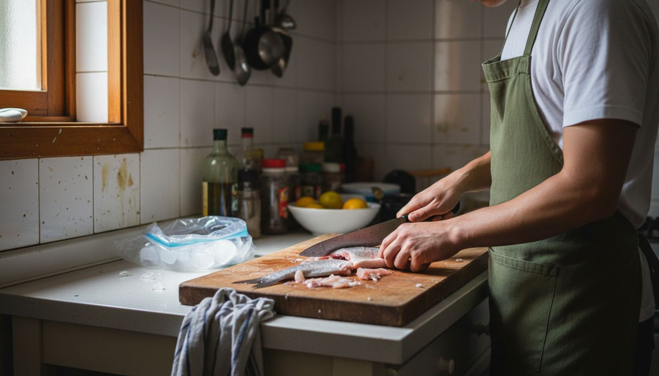 Un ayudante prepara una lubina fresca, cortándola cuidadosamente sobre una tabla de cocina.
