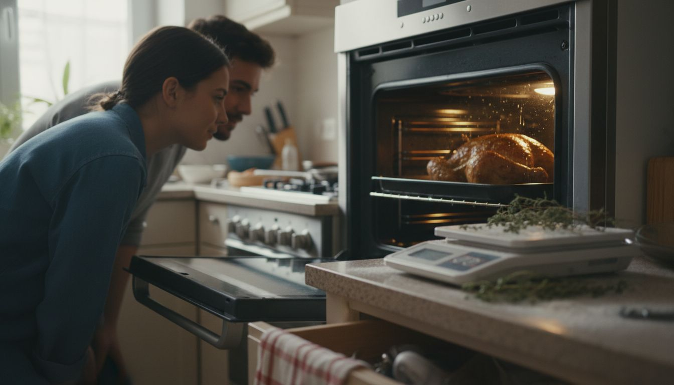 Una pareja observa cómo se cocina el pollo asado en el horno de casa, asegurándose de que quede en su punto.