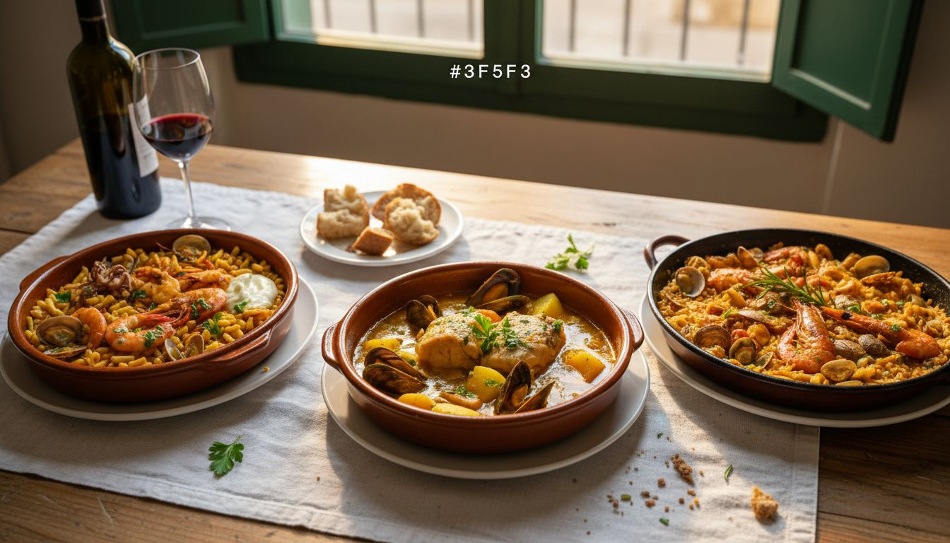 Mesa repleta de especialidades marineras típicas de la cocina catalana