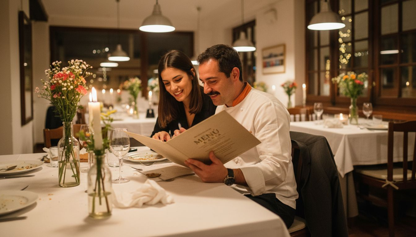Una pareja decide juntos el menú para una celebración especial en Barcelona.