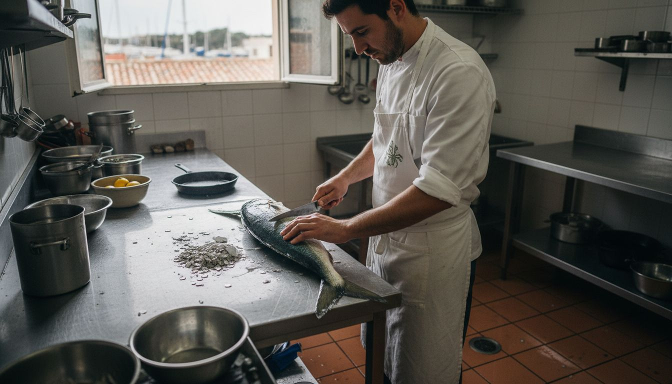 El chef se luce preparando un delicioso pescado fresco al estilo marinero.