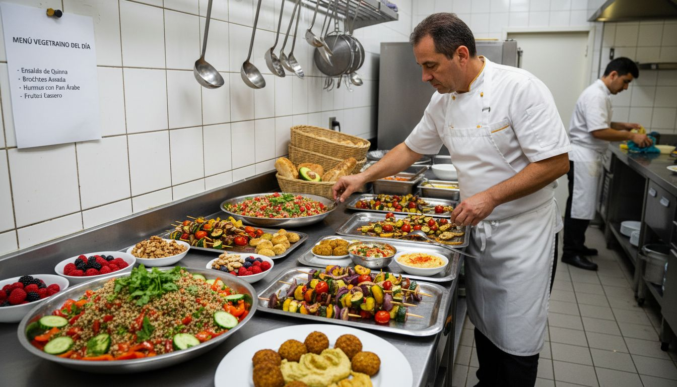 El chef está preparando platos vegetarianos especialmente para el grupo.