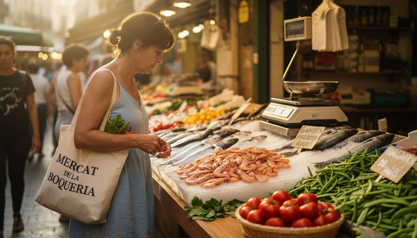 Una mujer selecciona gambas frescas en un puesto del mercado.