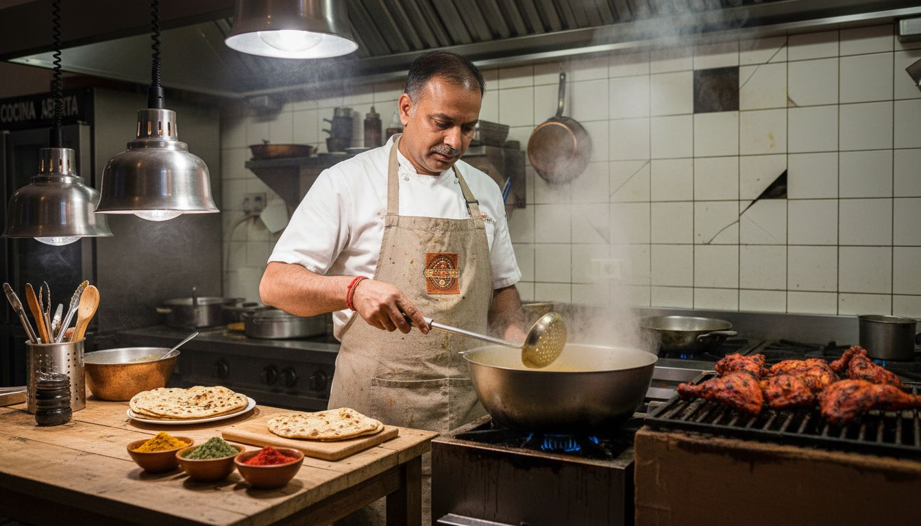 Cocinero elaborando auténticos platos de la cocina india