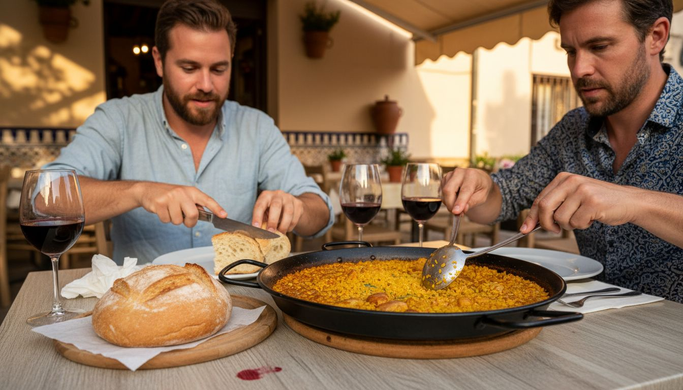 Un grupo de amigos saboreando una auténtica paella y pan típico de Valencia alrededor de la mesa.