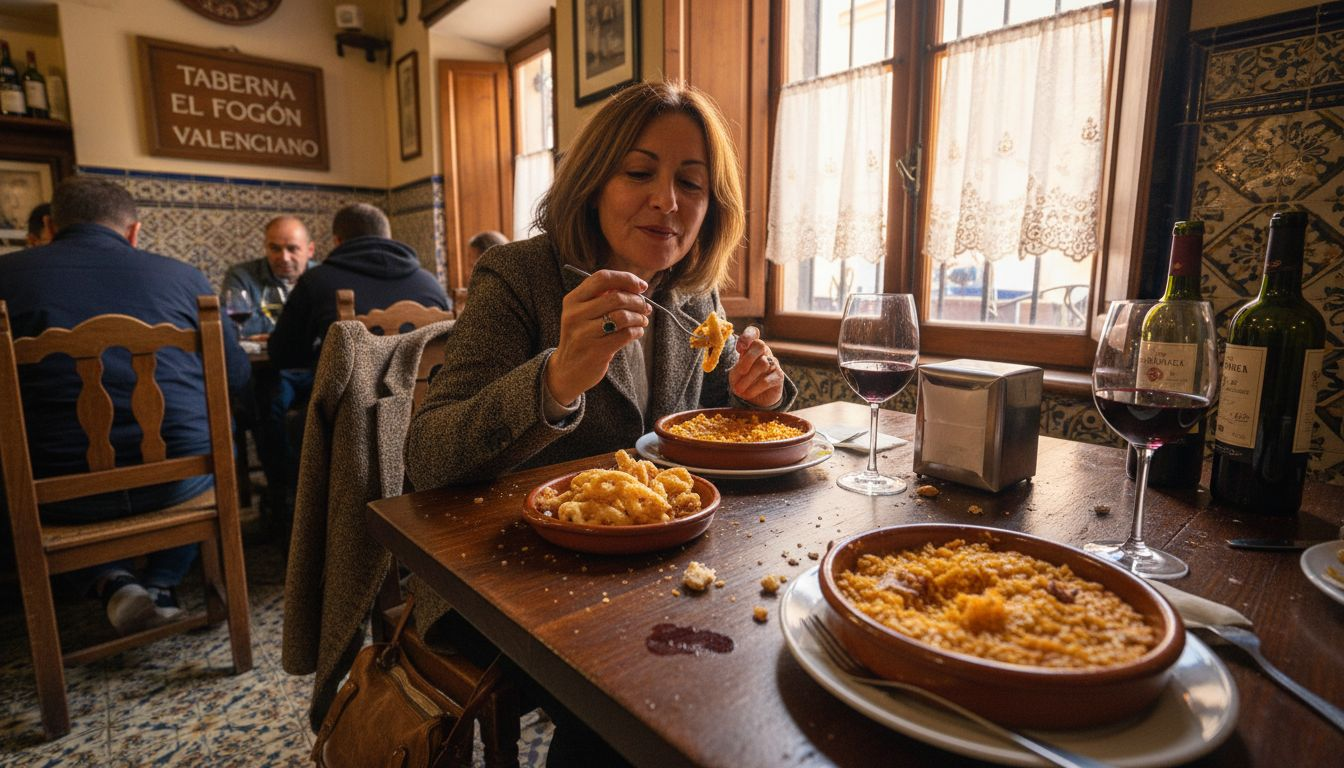 Una mujer disfruta de una variedad de tapas y arroces típicos de Valencia.