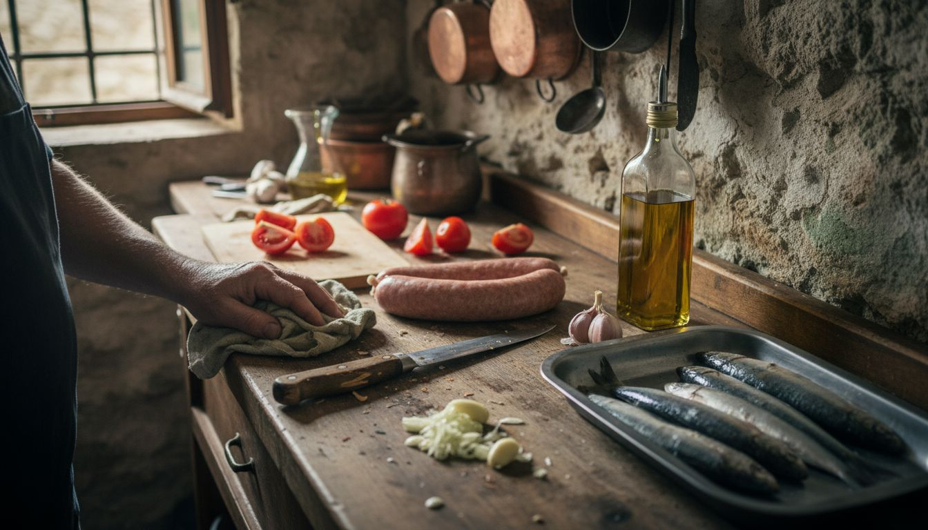 Sobre la encimera, ingredientes frescos listos para preparar auténtica cocina catalana.