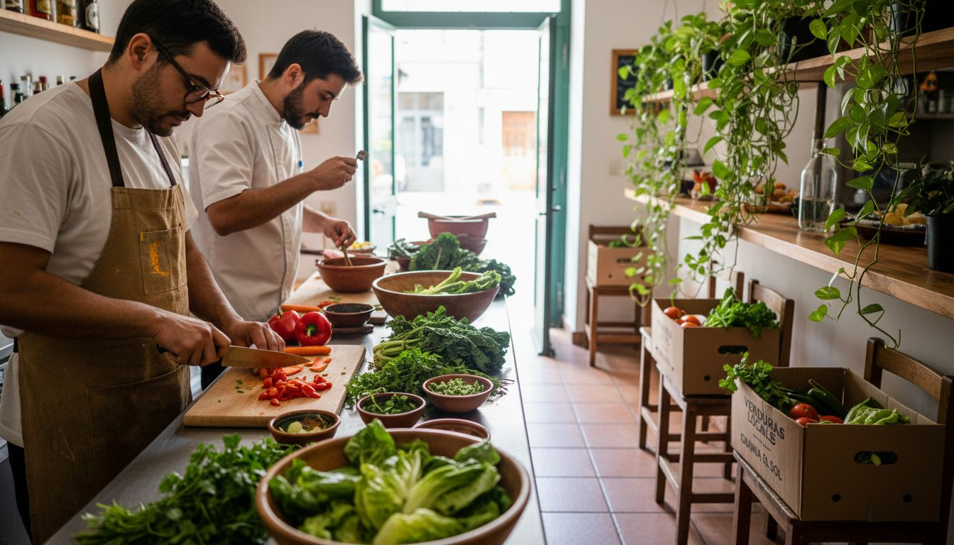 Chefs elaborando platos a base de verduras frescas