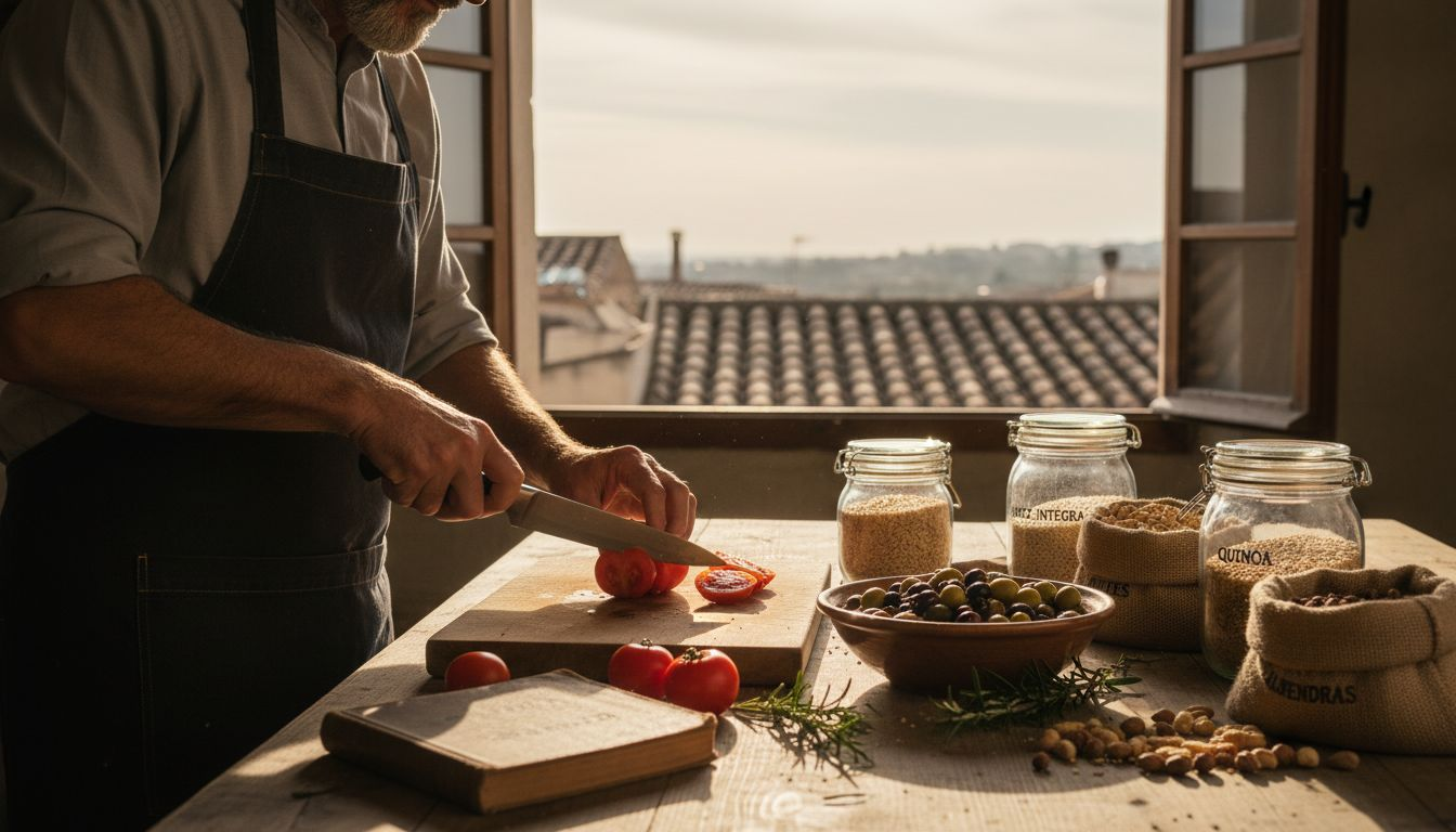 El chef selecciona y prepara ingredientes frescos típicos del Mediterráneo para crear platos llenos de sabor y autenticidad.