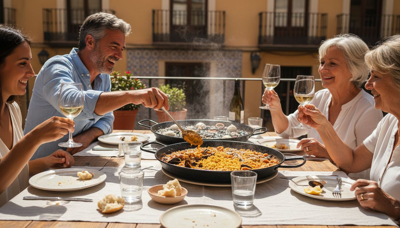 Grupo de amigos disfrutando de una paella en una terraza al aire libre.