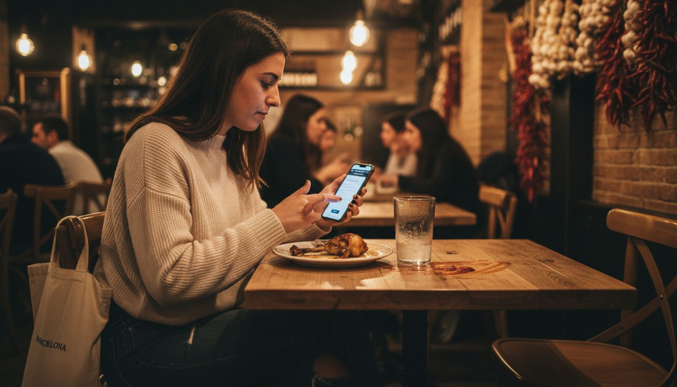 Mujer revisando y confirmando su reserva digital desde la mesa