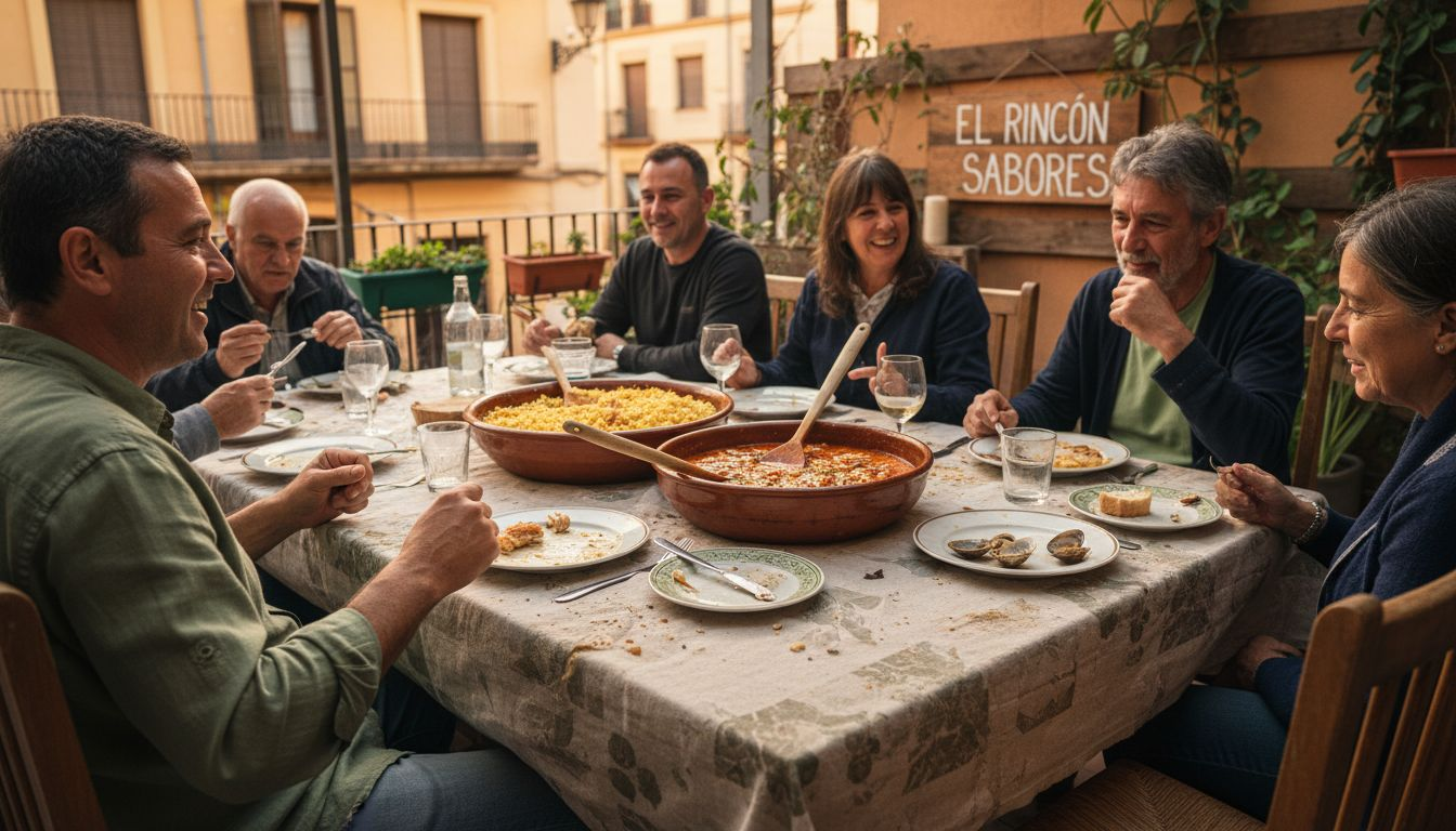 Un grupo de amigos comparte una comida típica de mariscos al estilo catalán
