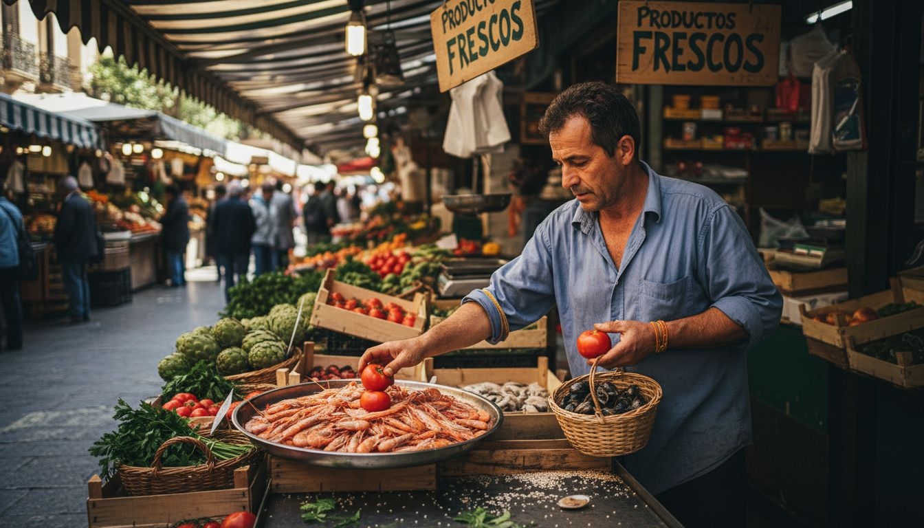 Un vendedor elige cuidadosamente los ingredientes más frescos para preparar una auténtica paella.