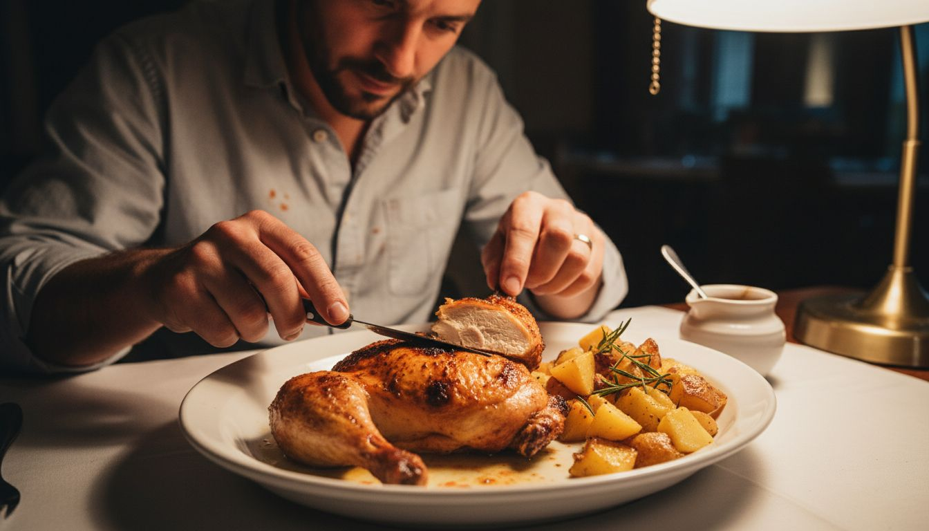 Cliente observa detenidamente un trozo de pollo asado antes de probarlo