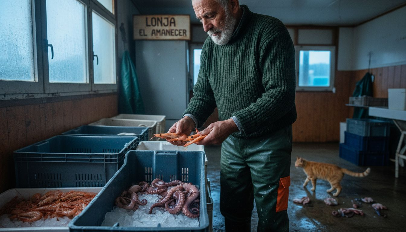 Un pescador elige los mariscos más frescos directamente en la lonja, asegurándose de llevarse lo mejor del día.