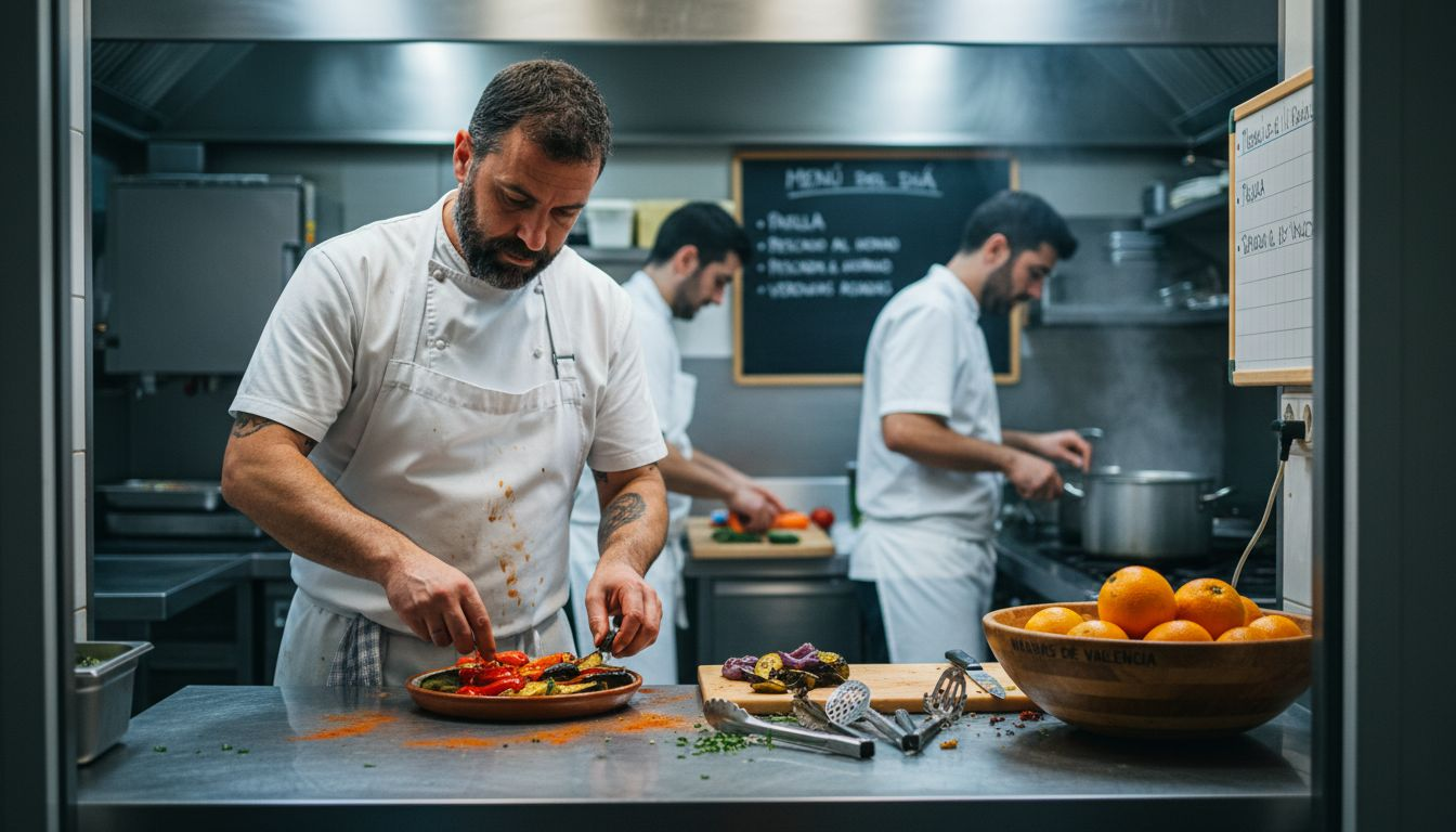 Un chef da los últimos toques a un plato en una cocina valenciana.