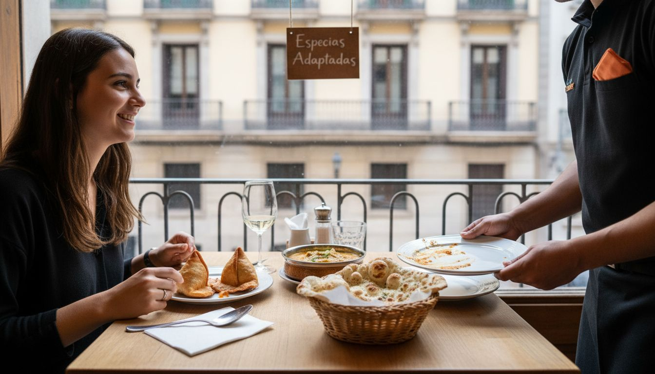 Un grupo de amigos disfrutando juntos de una selección de platos indios con un toque local