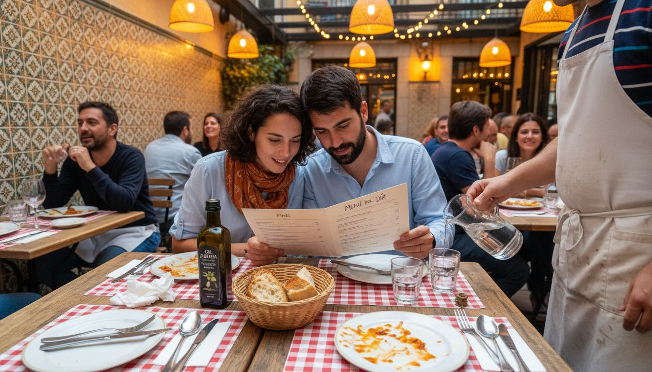 Una pareja hojea la carta mientras decide qué pedir en un restaurante típico catalán.