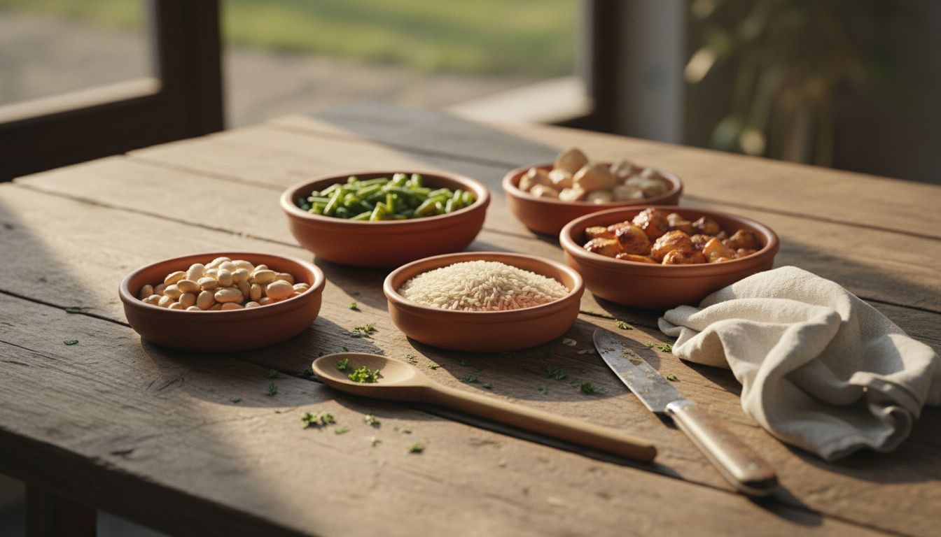 Una selección de ingredientes frescos sobre una mesa de madera, creando un ambiente acogedor y auténtico.