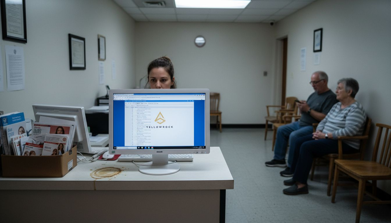 Zona de recepción en la clínica, donde los pacientes son atendidos y se utilizan equipos tecnológicos para agilizar el proceso.