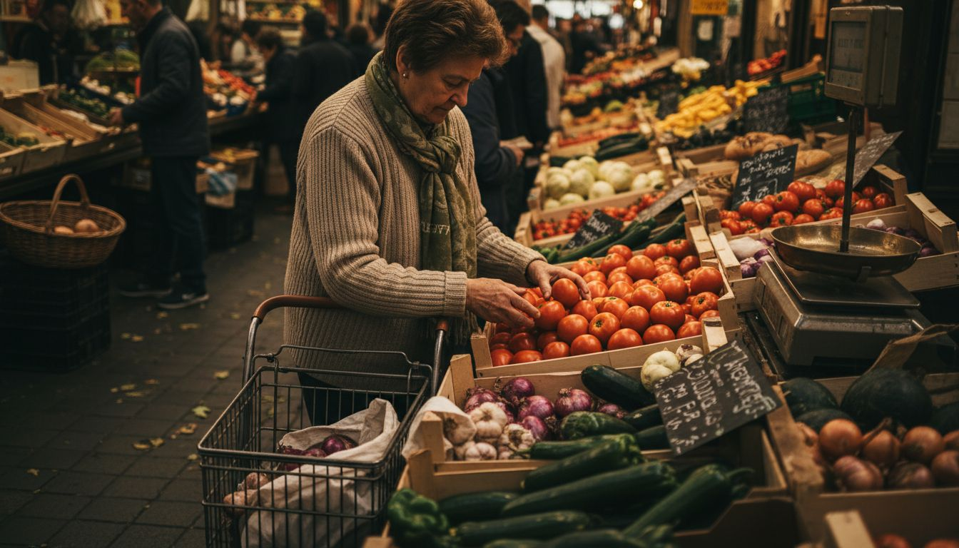 Una persona escoge tomates frescos en un mercado típico de Cataluña.