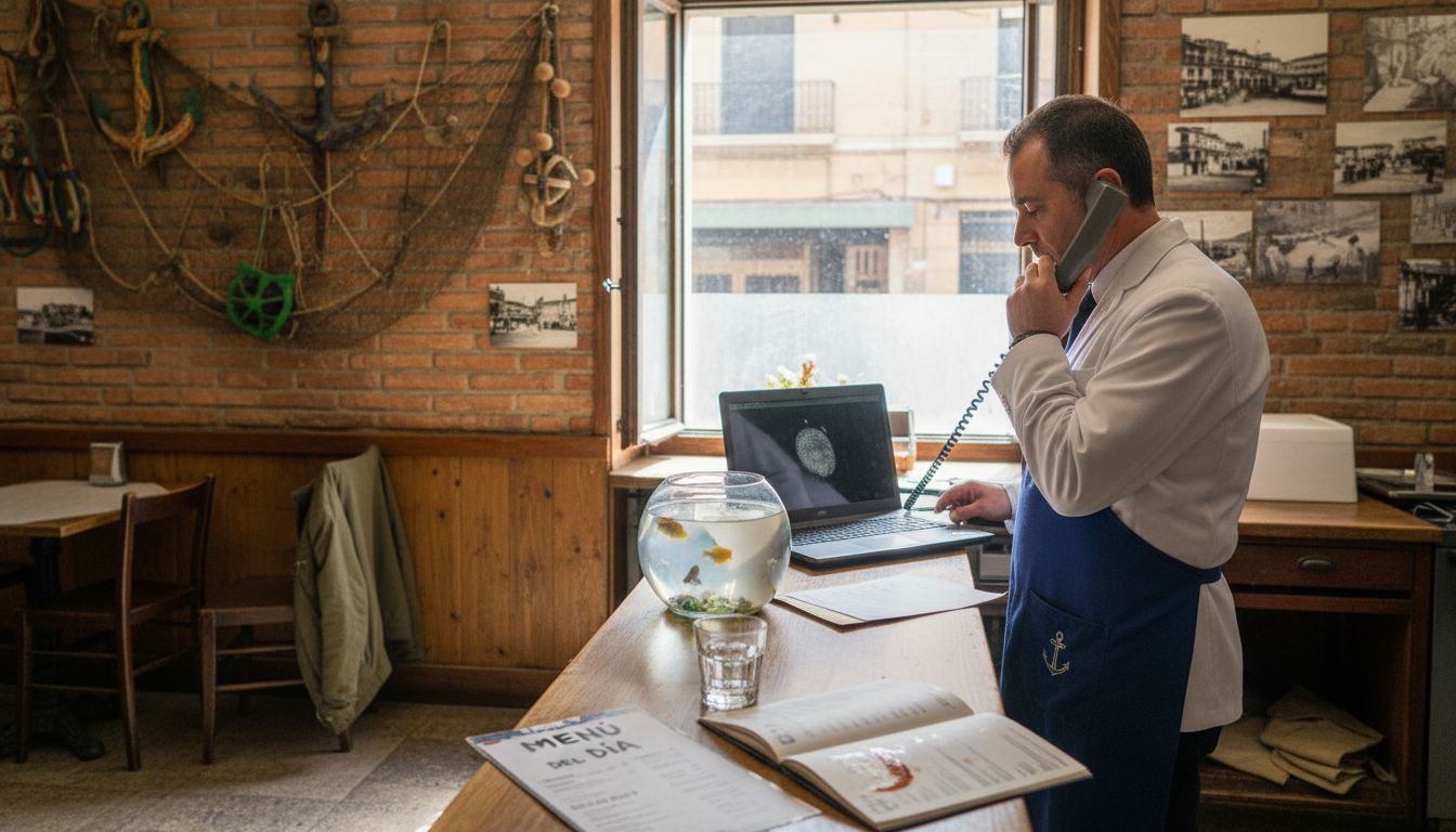 Un camarero atendiendo una reserva en un restaurante especializado en cocina marinera.