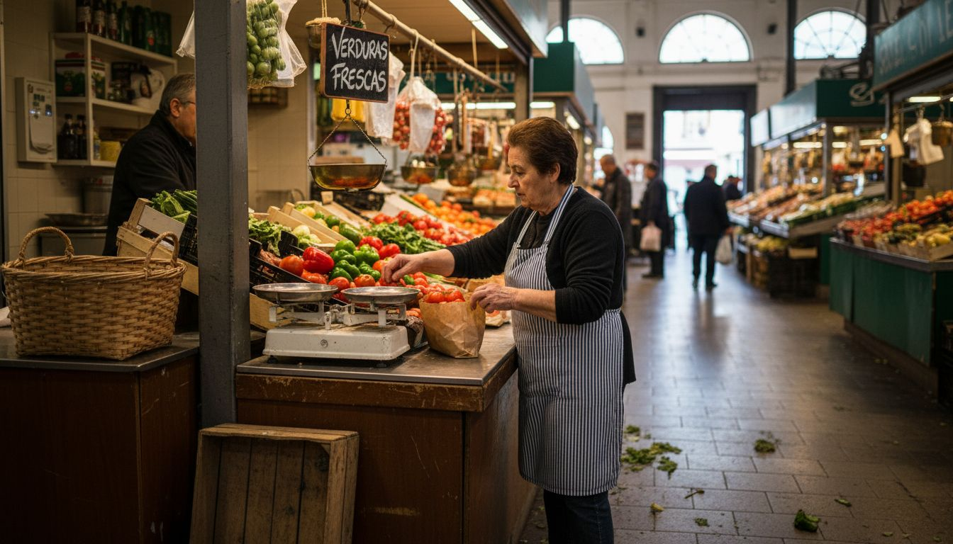Una señora revisa con cuidado las verduras frescas en el mercado, buscando las mejores para llevar a casa.