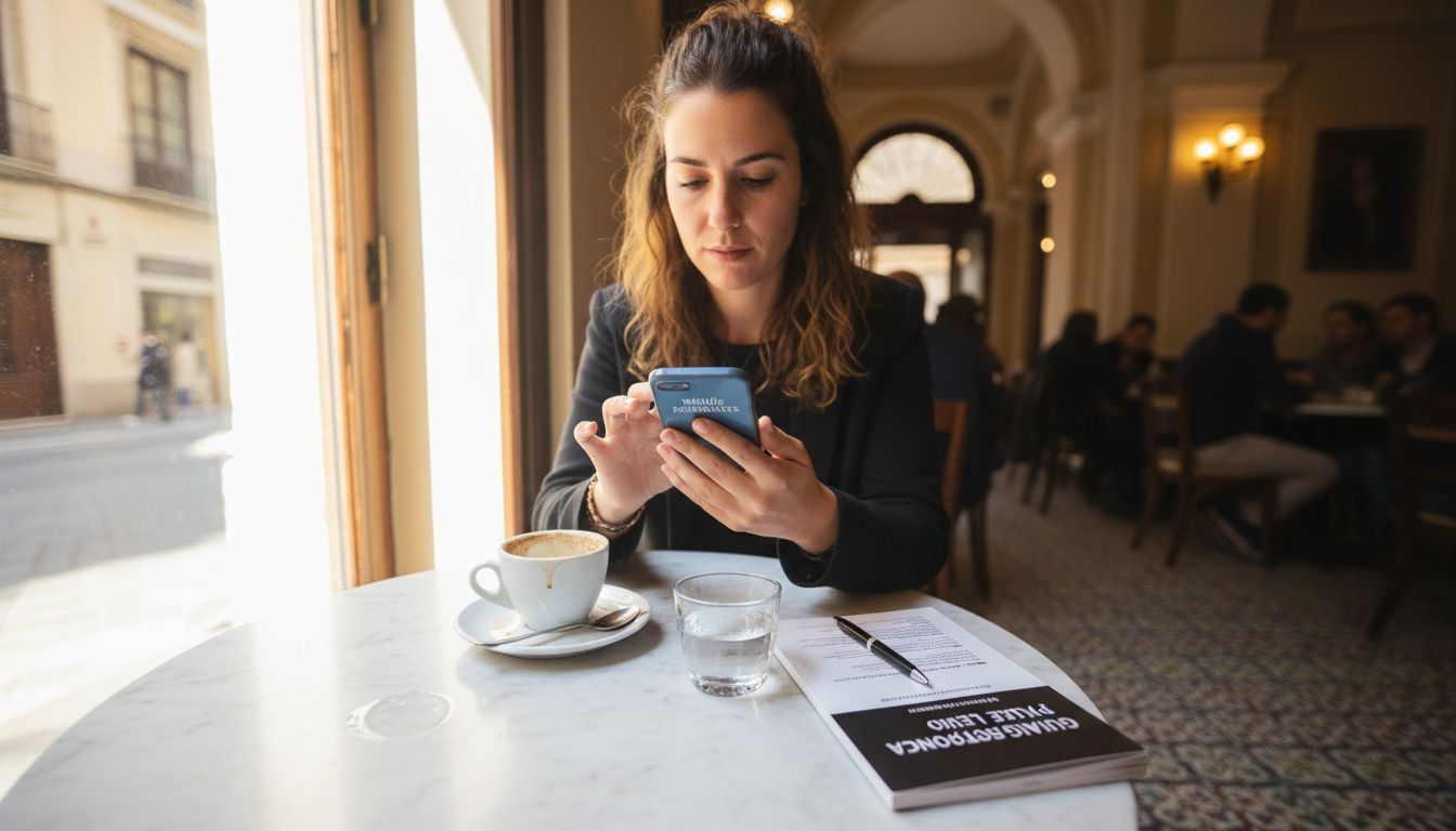 Mujer revisando las cartas de varios restaurantes en una cafetería de Valencia.
