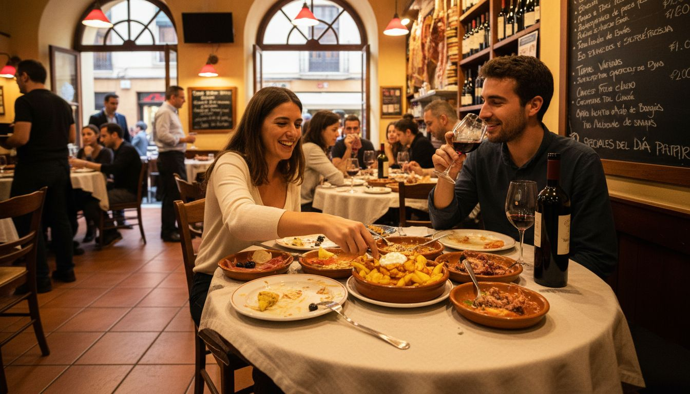 Una pareja disfruta de unas tapas en un bar típico de Valencia.