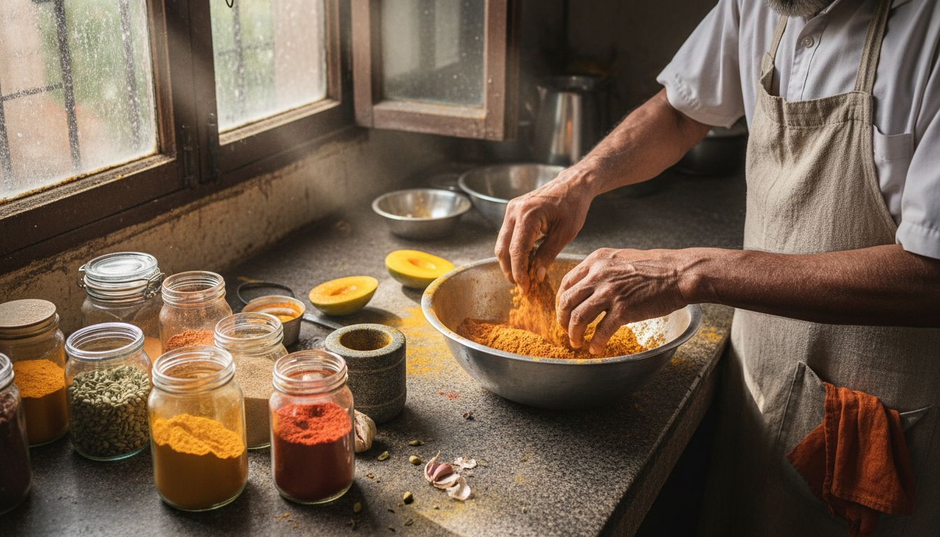 Un chef indio prepara una mezcla de especias en su cocina, dando vida a los sabores tradicionales de la India.