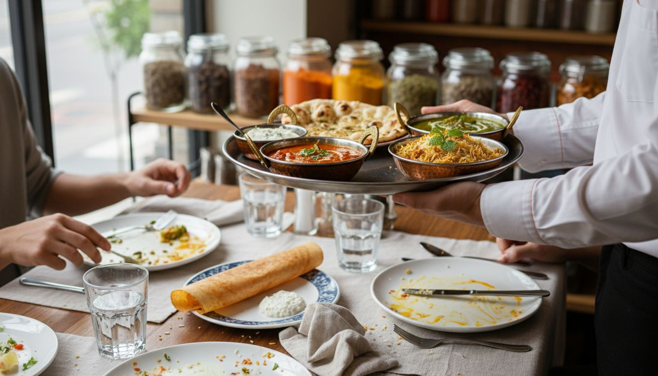 Un camarero atiende a los clientes sirviendo especialidades típicas de la India.
