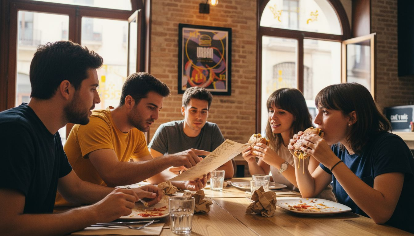 Un grupo de jóvenes decide qué hamburguesa gourmet pedir del menú.