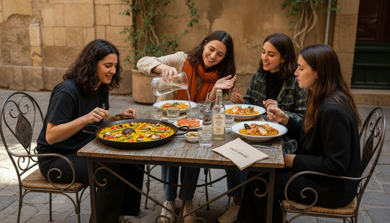 Un grupo de amigos disfrutando de una comida en un café vegetariano en Barcelona.