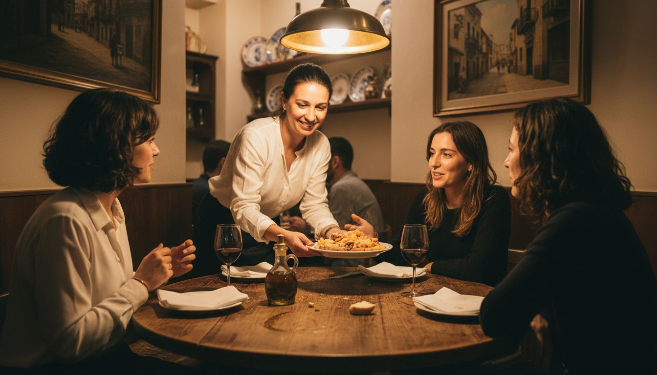 Una camarera lleva a la mesa una bandeja con tapas recién hechas y humeantes.