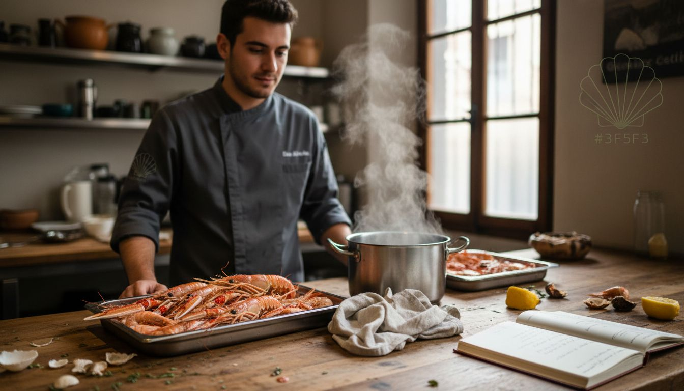 Segundo de cocina presentando una bandeja de mariscos frescos de temporada otoñal