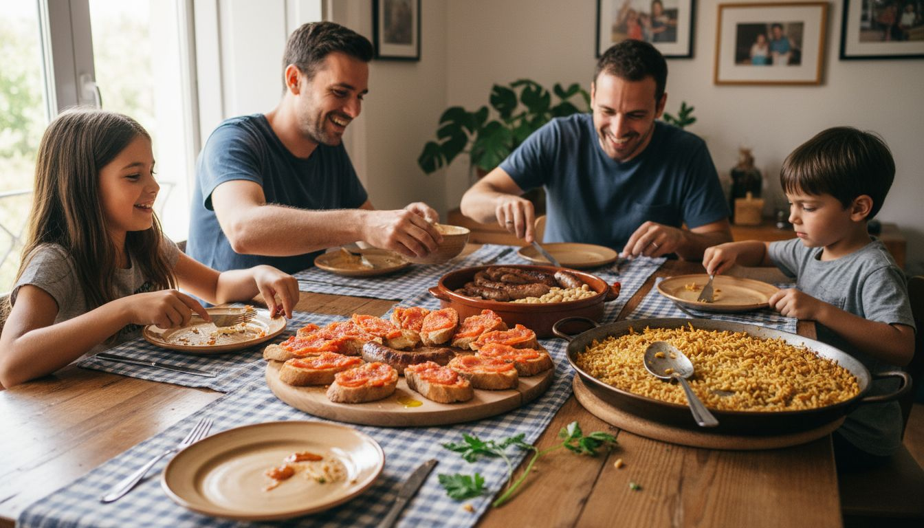 Reunión familiar alrededor de una mesa llena de clásicos de la cocina catalana