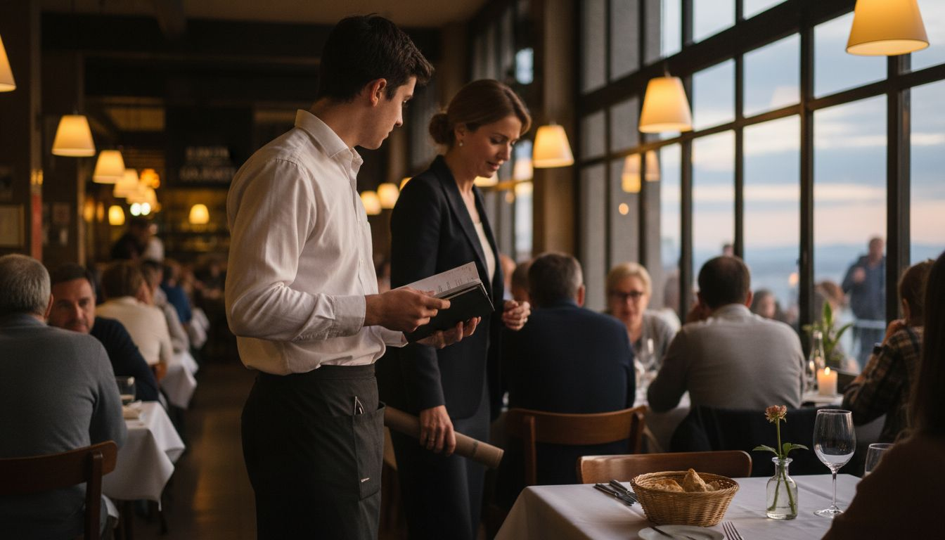 Un camarero acompaña a los clientes hasta su mesa
