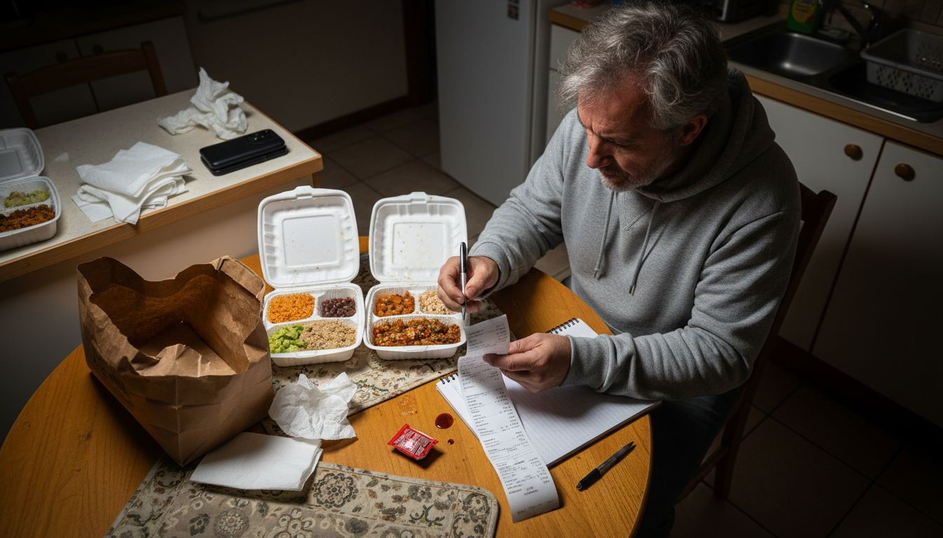 Un hombre revisa su pedido de comida mientras está sentado en la mesa.